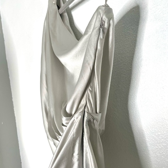Retrofete Silver Silk Asymmetrical Ruched Neva Dress. Size XS - Picture 10 of 15